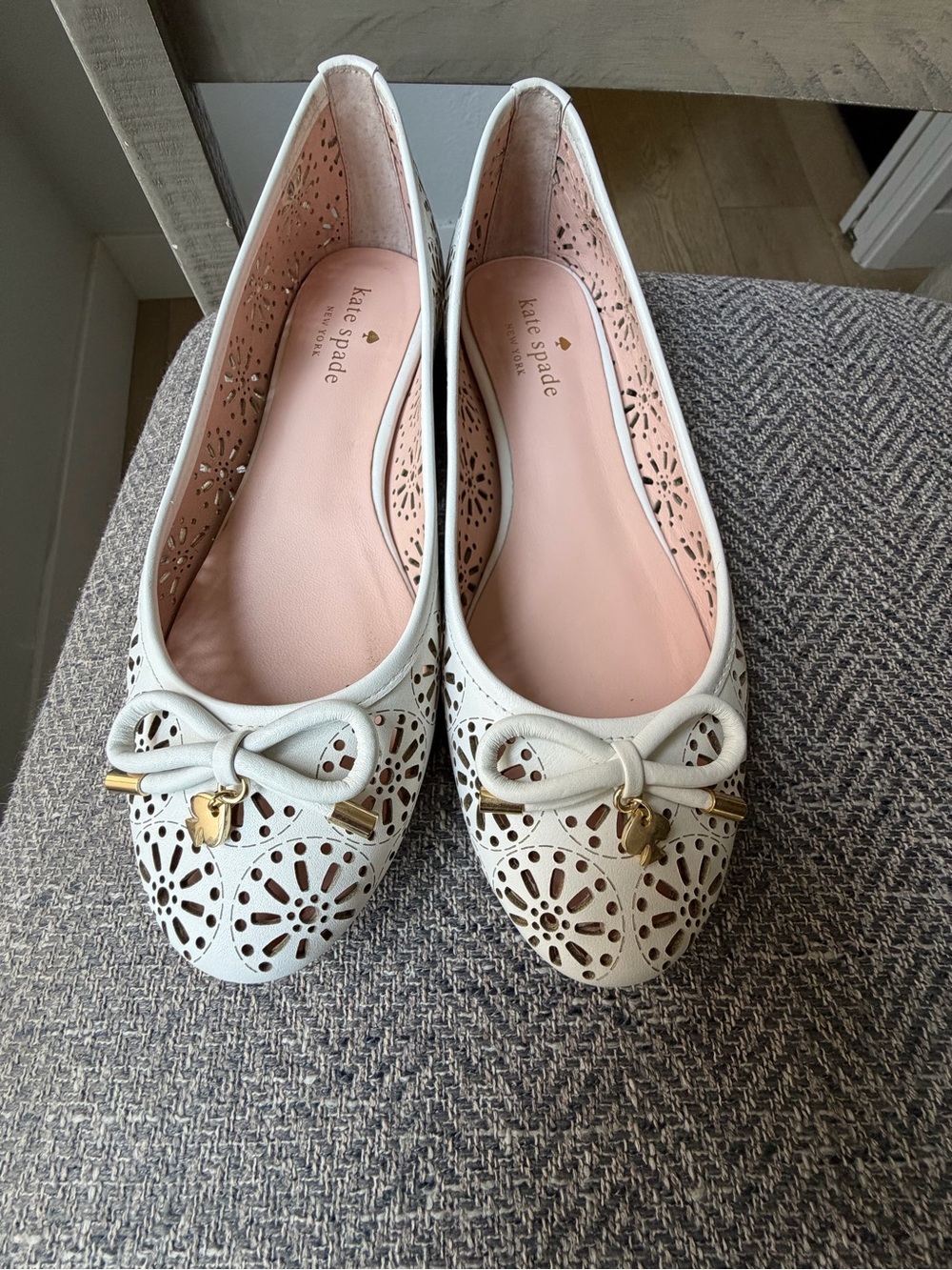 kate spade White Laser-Cut Bow Flats with Gold Charm